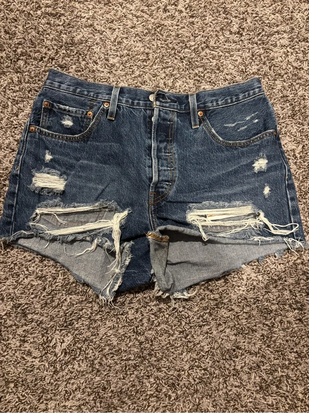 Levi's Women's Dark Blue Distressed High Waist Denim Shorts